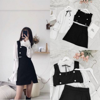S608 Set đồ nữ cá tính, set gồm 3 món Áo gile phối cúc, Áo sơ mi tay đai, kèm chân váy sẻ cá tính