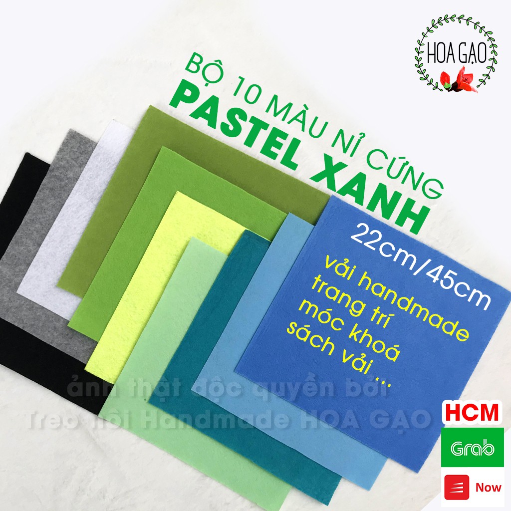 Vải nỉ cứng, combo 10 màu vải dạ nỉ cứng pastel xanh HOA GẠO GNCBC handmade, làm sách vải cho bé, dễ cắt dán