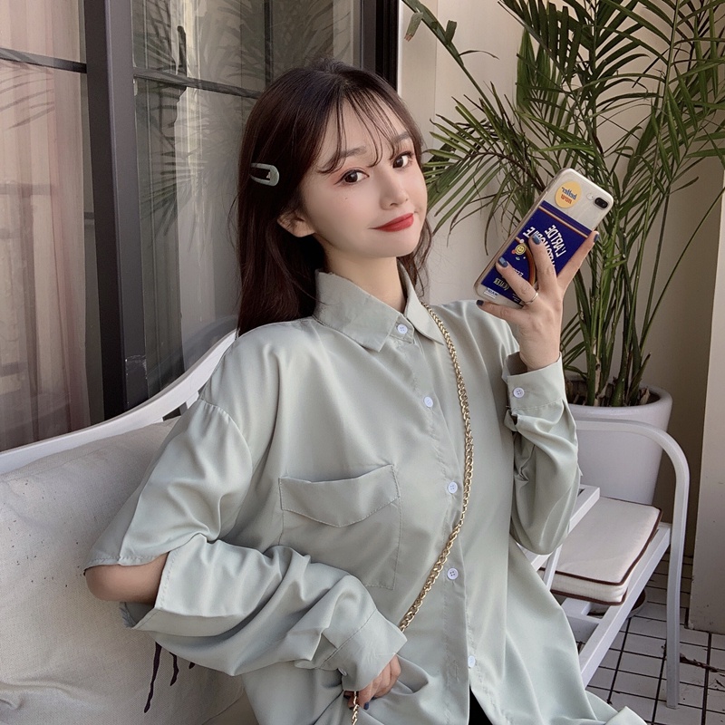 SUXI Áo Sơ Mi Tay Dài Dáng Rộng Màu Sắc Đơn Giản Thời Trang Mùa Hè Xinh Xắn Cho Nữ