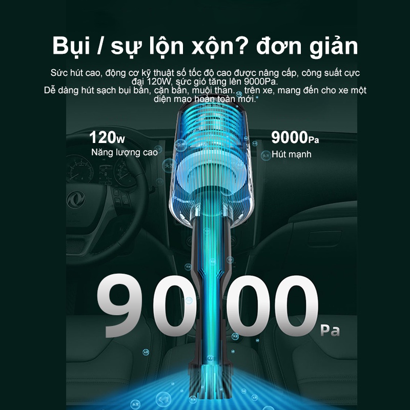 Máy Hút Bụi Cầm Tay [BẢO HÀNH 1 NĂM] Lực Hút Mạnh 9000Pa, Hút Sạch Bụi Ô tô, Lông Chó Mèo - Máy Hút Bụi Mini Không Dây