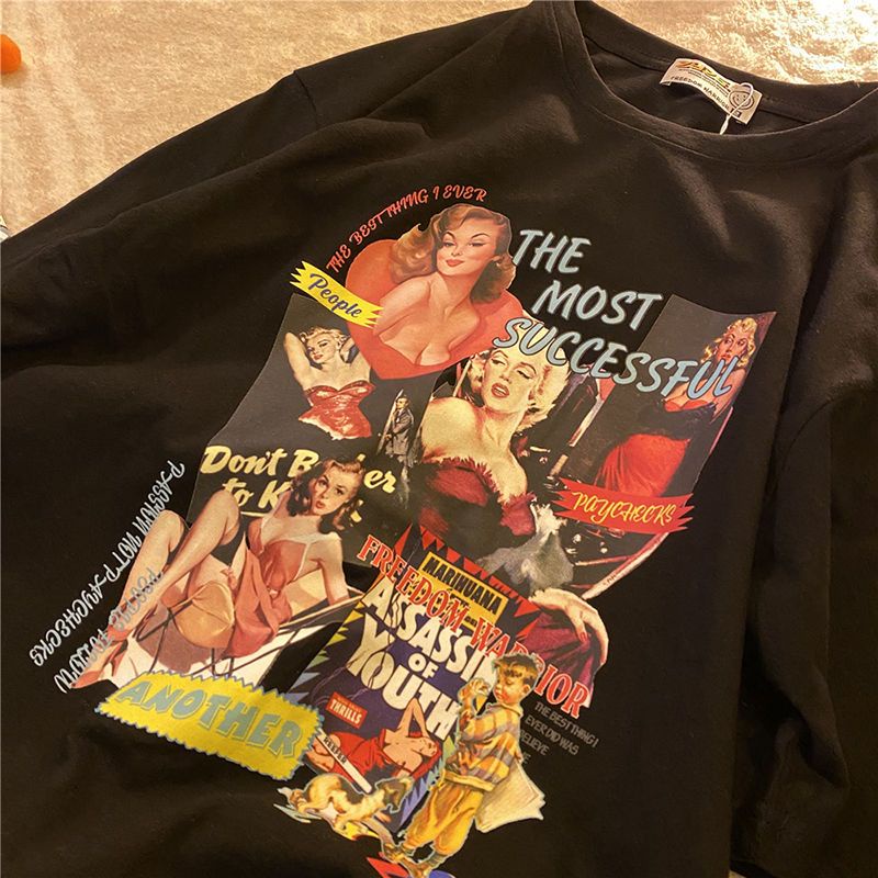 Áo Thun Tay Ngắn Dáng Rộng In Hình Chân Dung Sáng Tạo Phong Cách Đường Phố Mỹ Cho Nữ