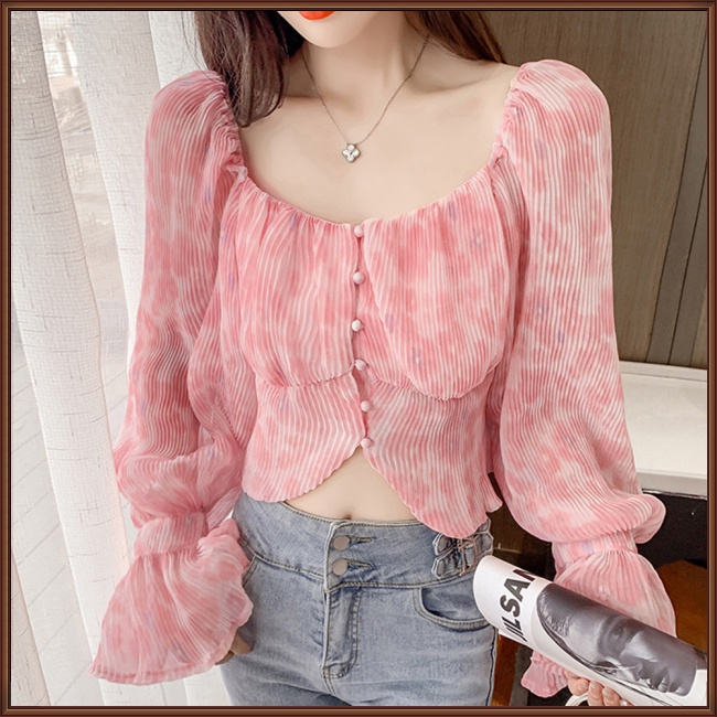 Áo Sơ Mi Chiffon Cổ Vuông Tay Loe Xếp Ly In Họa Tiết Phong Cách Pháp Cổ Điển Thời Trang Cho Nữ