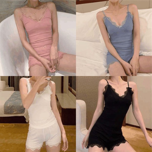 (sỉ lẻ)  Sét Bộ ngủ 2 dây viền ren sexy, bộ ngủ thun 2 dây túi zip quảng châu