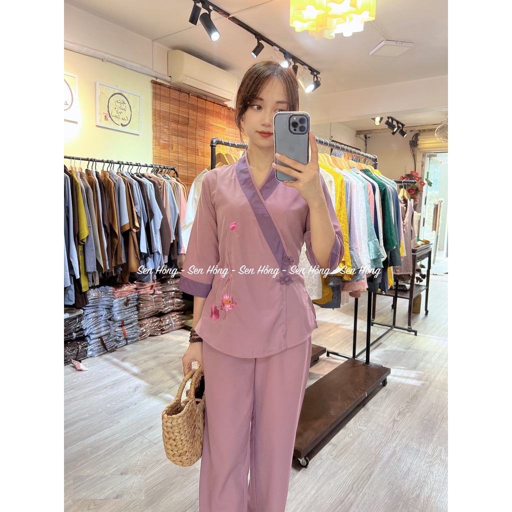QUẦN ÁO ĐI CHÙA - set Phật tử thêu sen - đồ lam đi lễ nữ vải kate #Sen Hồng mã 030