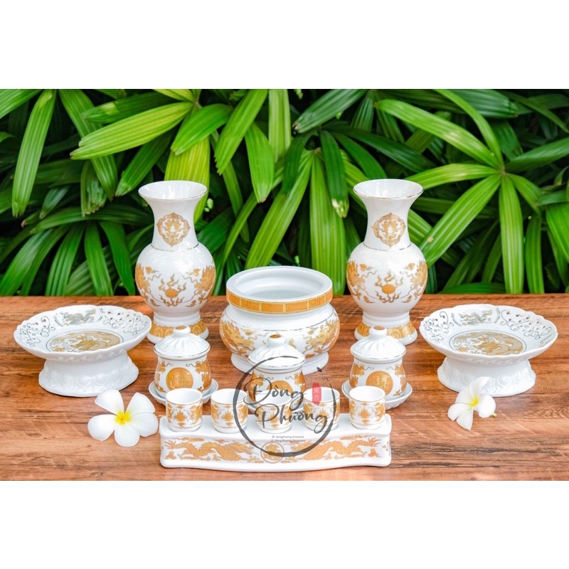 Set Đồ Thờ Cúng - Đồ Thờ Phụng Sứ Trắng Hoa Văn Rồng Vàng cao cấp