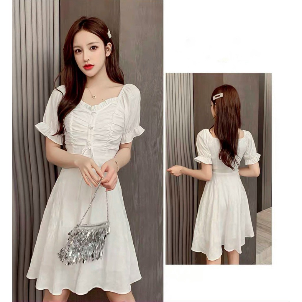 Đầm rút ngực đính 3 nút hoa cúc ngắn tay xòe - Dáng xòe 3 màu - Sky Of Love Official | BigBuy360 - bigbuy360.vn