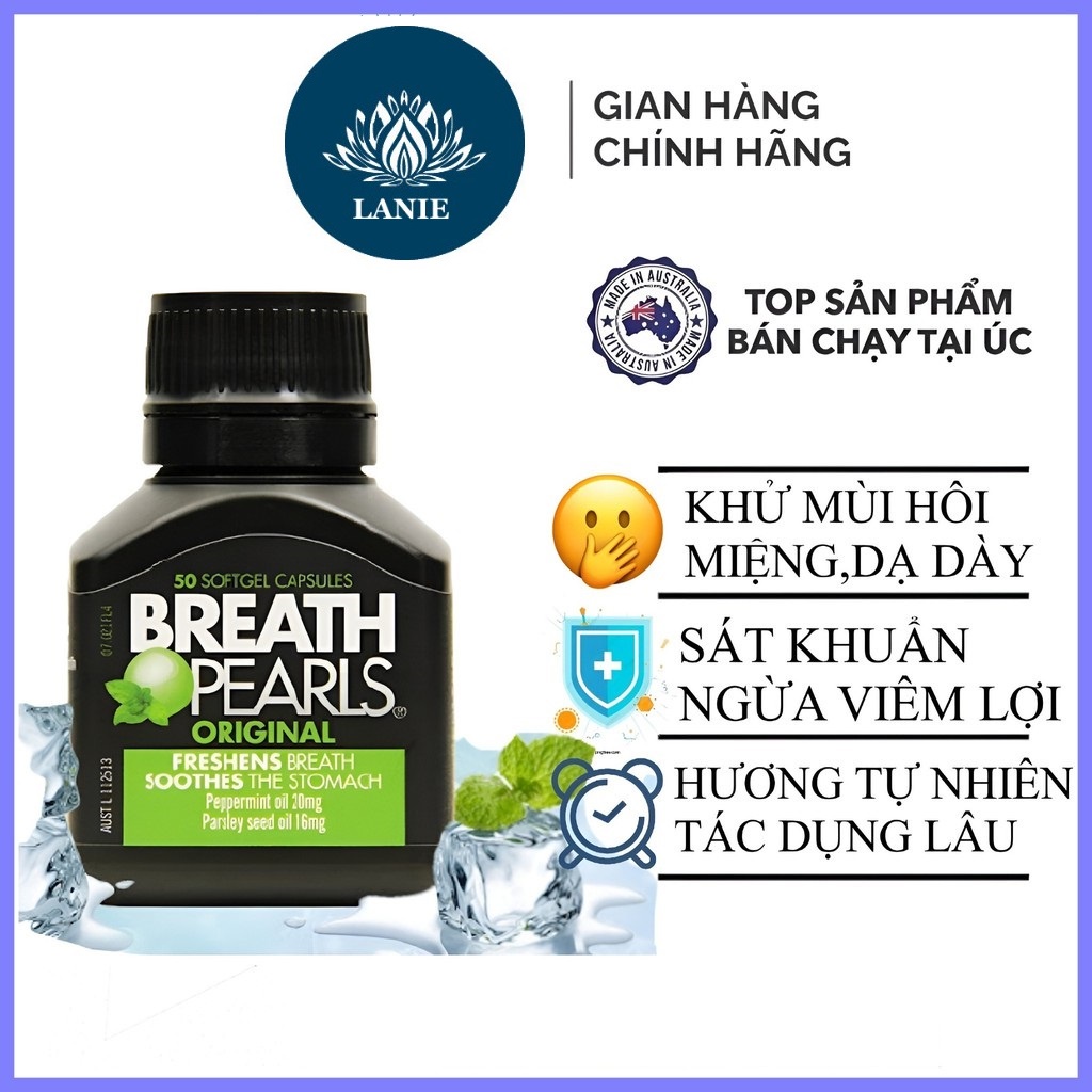 Viên thơm miệng thảo dược Breath pearls (50v - Chuẩn Úc) giảm mùi miệng cho người lớn, phụ nữ và bé trên 6 tuổi