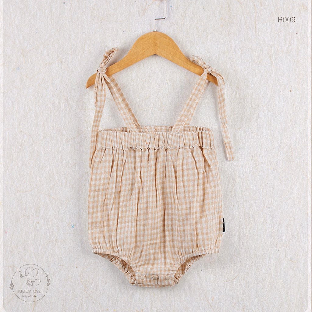 🅷.🄴🅅🄰🄽 [Auth Tiny People] Bodysuit body chip 2 dây thắt nơ, sọc caro nâu, vải xô gạc thoáng mát, lành tính cho da bé