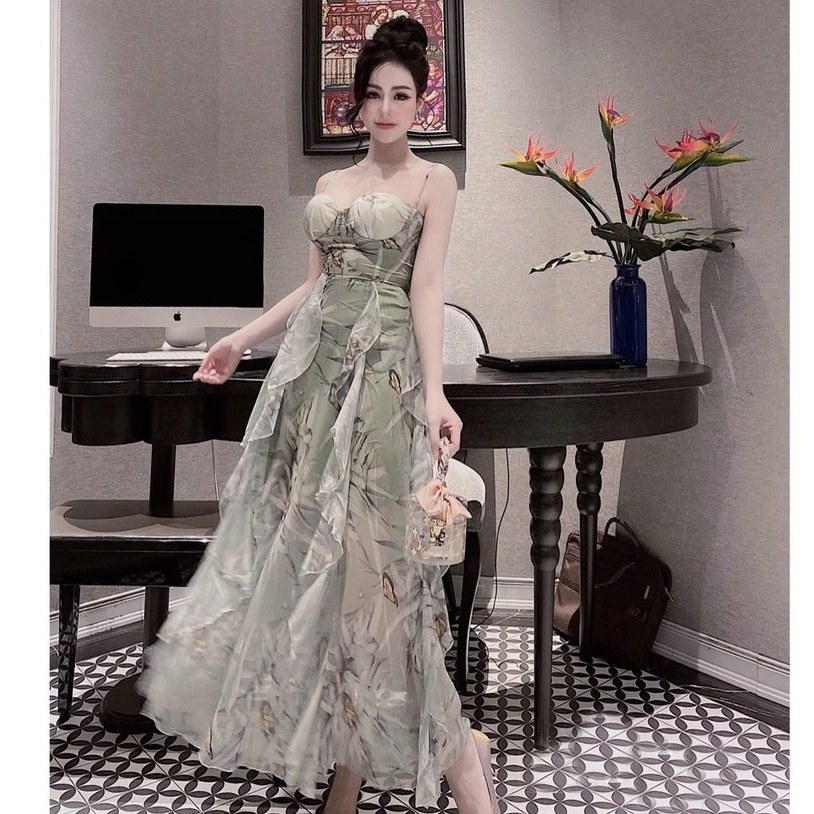 Đầm Dự Tiệc 2 Dây Chíp Eo Nơ Lưng Đuôi Bèo Xòe - 2 Màu Nude, Xanh - Vải Voan