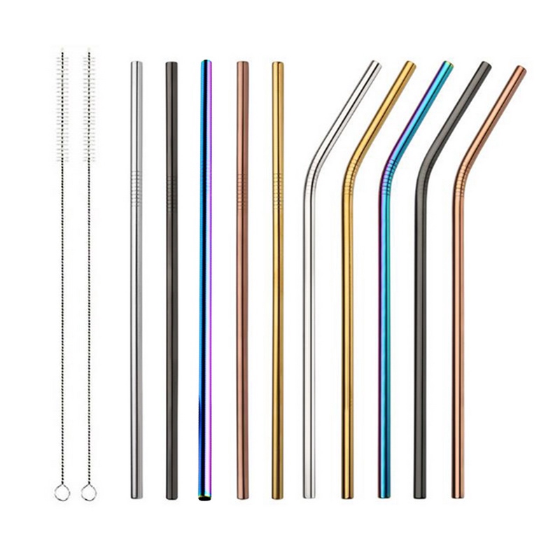 Ống hút kim loại thép không gỉ 304 chất lượng cao dạng thẳng uốn cong có thể tái sử dụng rửa được kèm cọ rửa