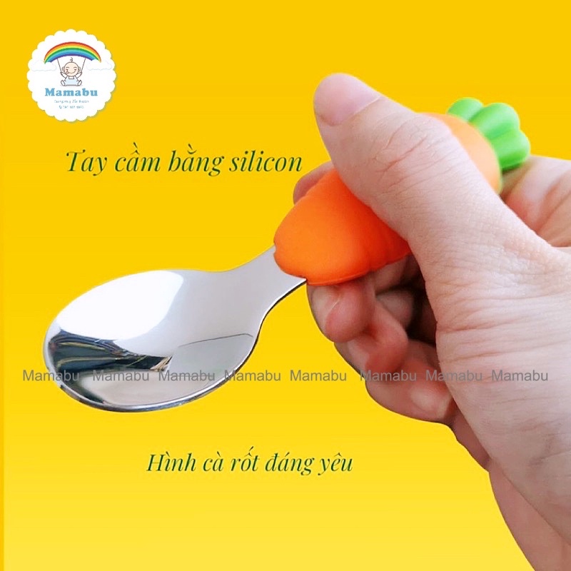 Set Thìa Dĩa Tập Xúc Tập Ăn Cho Bé Hình Cà Rốt, Chân Mèo Đáng Yêu Chất Liệu Inox 304 An Toàn Mamabu