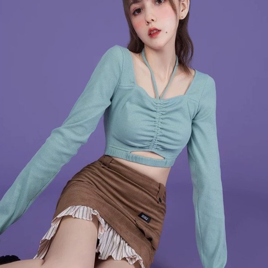 Áo croptop dài tay HAGA áo thun chun eo dây rút rúm ngực ACERN63