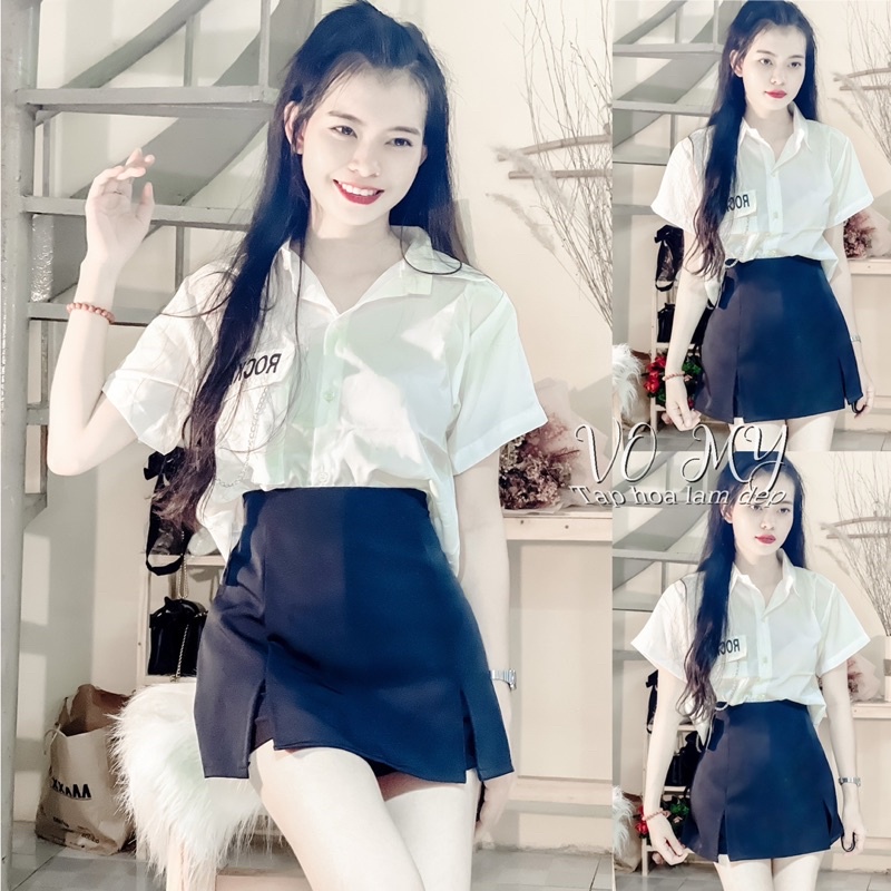 Set áo croptop sơmi phối chân váy