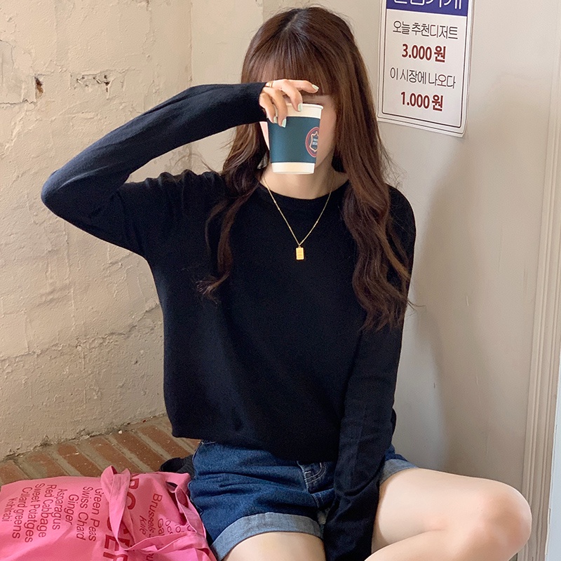 Áo sweater dệt kim tay dài dáng ngắn thời trang cho nữ