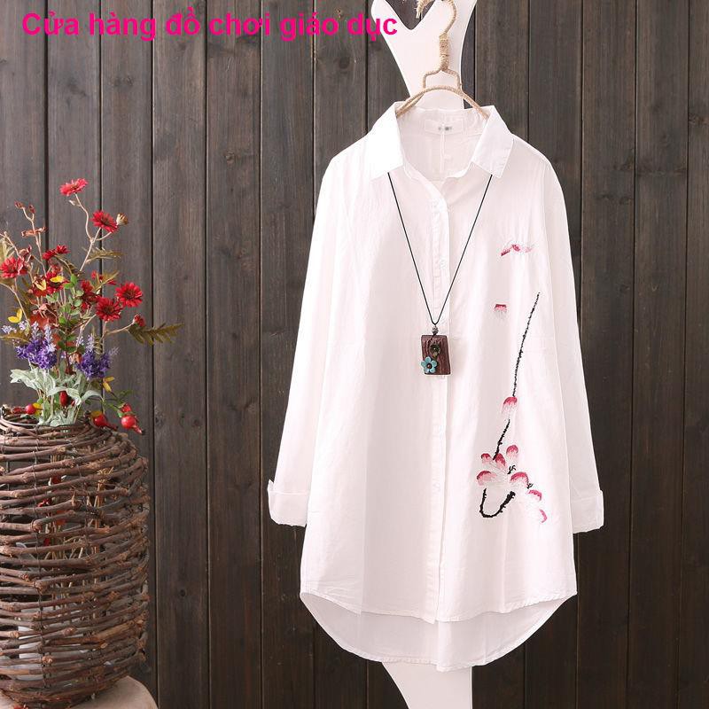 SHOP XINH Cotton tinh khiết thêu văn hóa áo sơ mi nữ phiên bản Hàn Quốc của dài tay rộng rãi