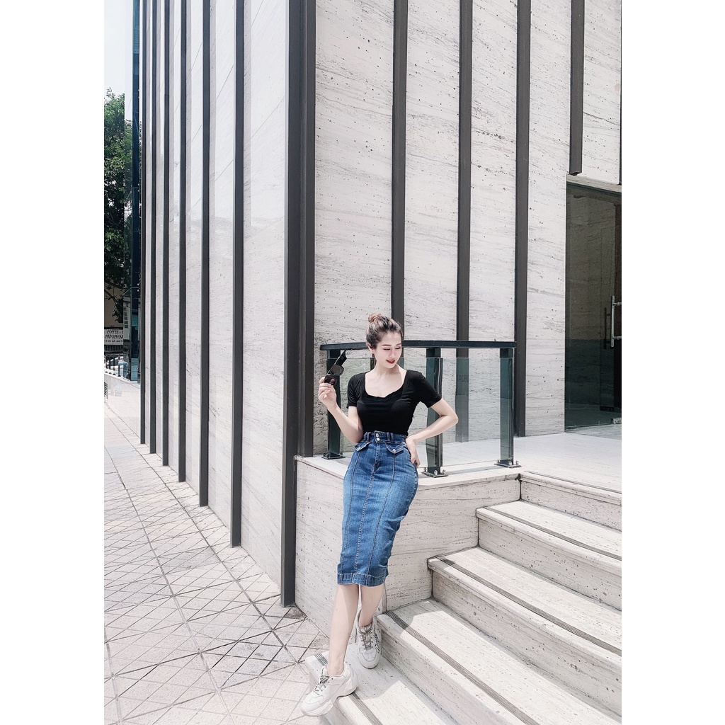 [TH Jeans] Váy bò trơn dáng dài qua gối, váy jeans lưng cao túi chéo phối gân, 2 khuy. Mã V0140 | BigBuy360 - bigbuy360.vn