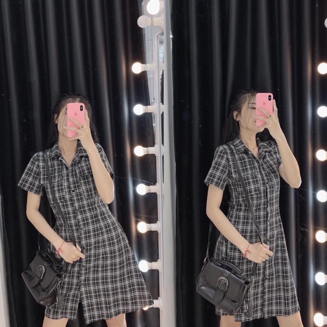 Đầm xinh sammy dress caro kiểu chất kate xịn chạy bo chun lưng cổ sơ mi đủ màu có túi trước ngực