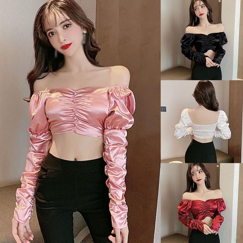 Áo Lửng Lệch Vai Tay Phồng Phong Cách Quyến Rũ Dành Cho Nữ