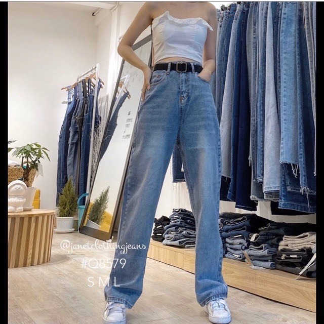 [Mã FAMARAL1 giảm 10K đơn 50K] QUẦN JEAN SUÔNG CẠP CAO MÀU XANH CHO NỮ