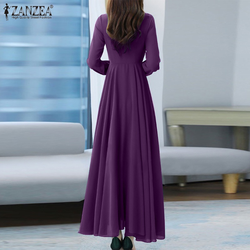 Đầm maxi ZANZEA tay dài cổ tròn có khóa kéo thời trang cho nữ