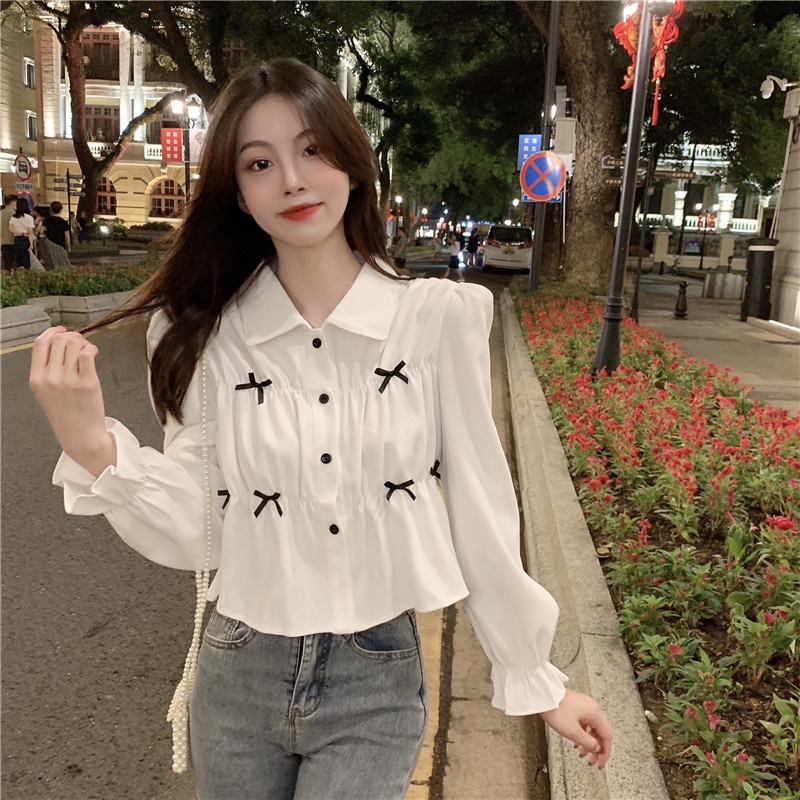 Áo sơ mi IELGY dài tay thắt nơ phong cách Hàn Quốc cho nữ