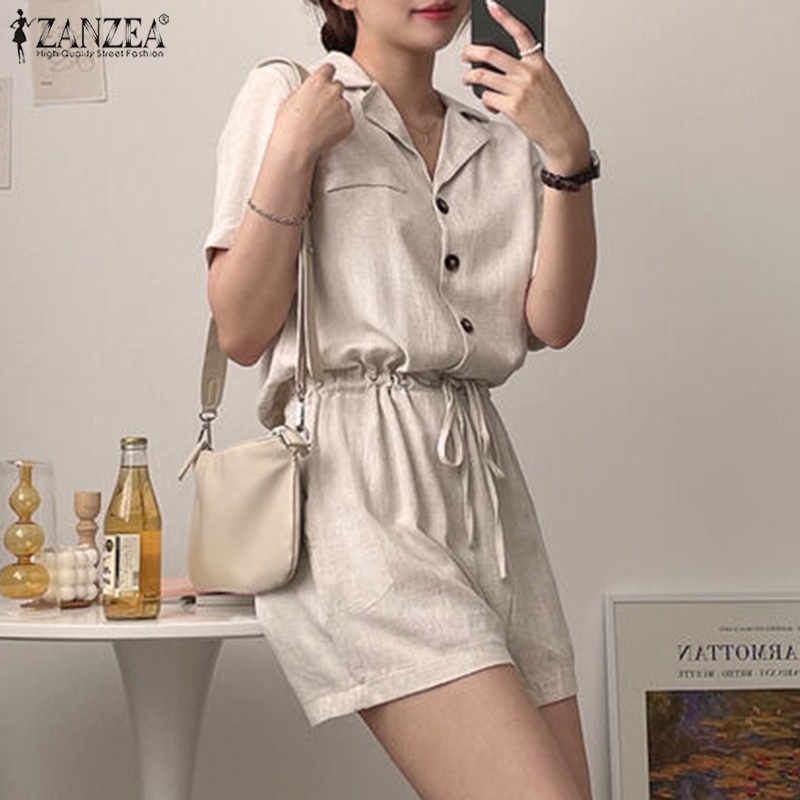Áo liền quần ZANZEA ngắn tay phối dây rút và túi phong cách Hàn Quốc cho nữ