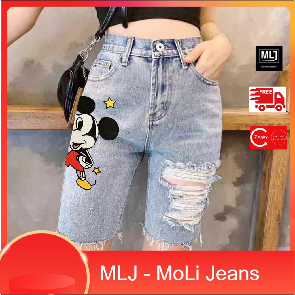 [60kg~90kg] Quần jean ngố / lửng BIG SIZE lưng cao, co dãn mạnh rách kiểu đẹp IN HÌNH chuột mickey SAO 3459 moliruan