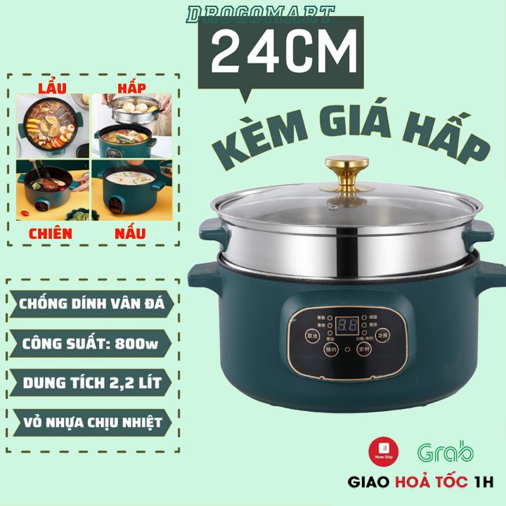 Nồi Lẩu Điện Đa Năng Chống Dính Shiban 24cm Kèm Giá Hấp Inox, Nồi Cơm Điện, Chiên Xào, Nấu Canh