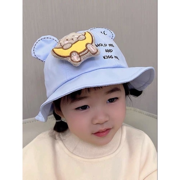 Mũ cho bé trai bé gái vành tròn thêu gấu mặt trăng tai nơ đáng yêu , phù hợp 4 tháng - 5 tuổi