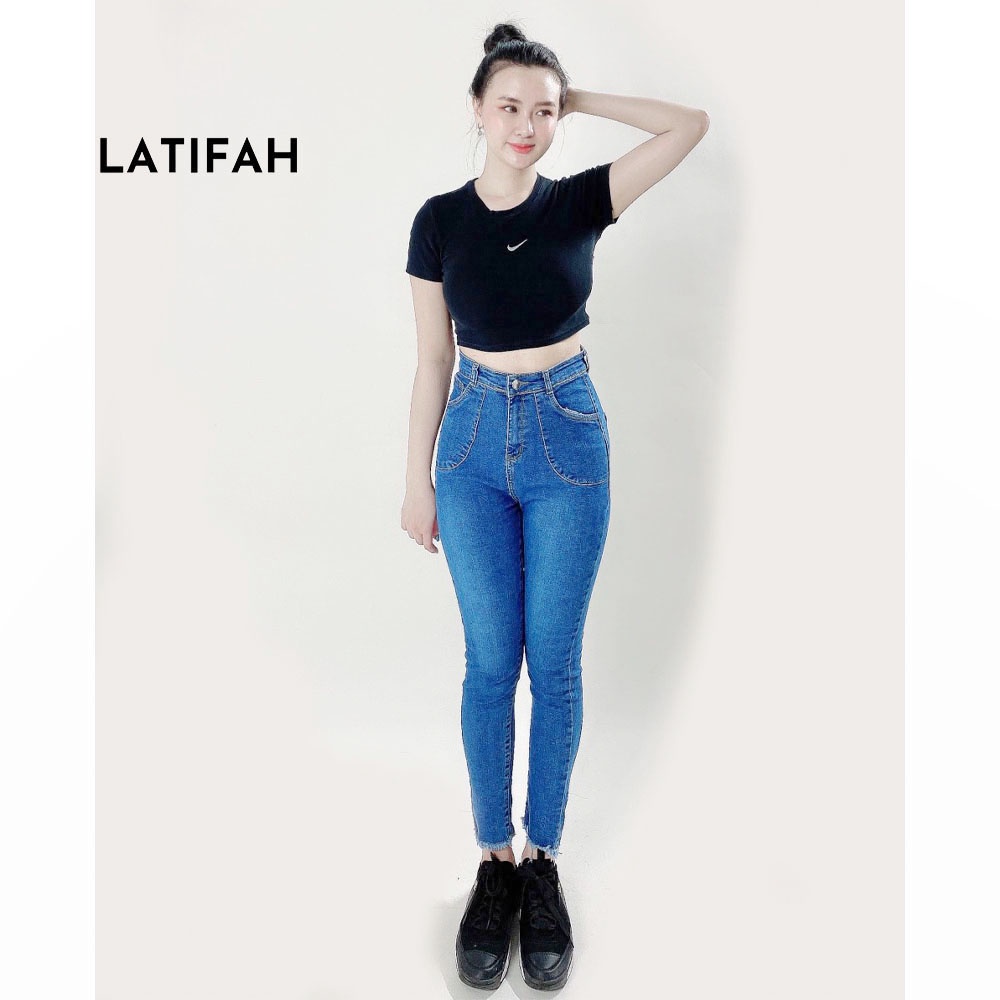 [Mã BMLTA50 giảm 10% đơn 99K] Quần dài jeans nữ co giãn LATIFAH cạp siêu cao đắp 2 túi tròn QD003