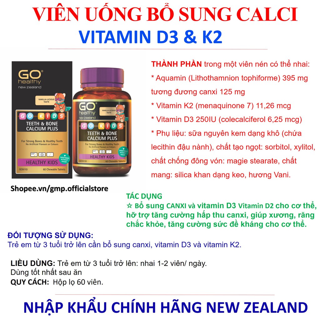 Viên uống bổ sung Canxi hữu cơ vitamin D3 và vitamin K2 cho trẻ phát triển chiều cao Go Healthy GO KIDS hộp 60 viên