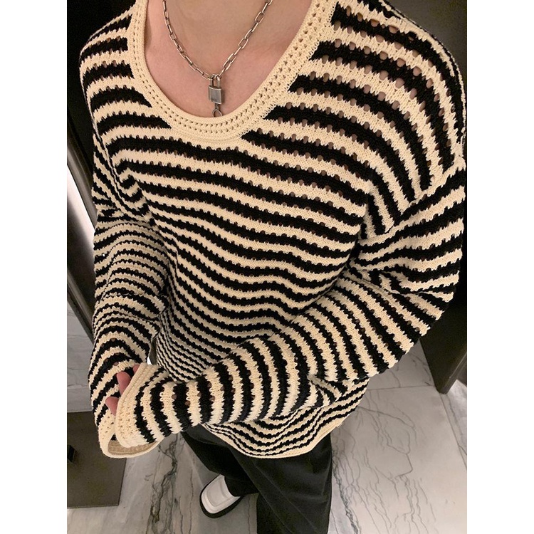 Aemape Áo Sweater Dệt Kim Mỏng Tay Dài Khoét Lỗ Kẻ Sọc Cao Cấp Phong Cách Retro Mùa Thu Cho Nam