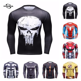 Áo thun HUQISHA tay dài ôm dáng in hình Punisher Skull 3D thời trang mùa hè