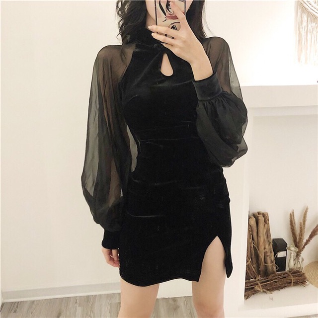 (Sẵn) Váy cách tân nhung tay voan / Đầm sườn xám Trung Quốc | BigBuy360 - bigbuy360.vn