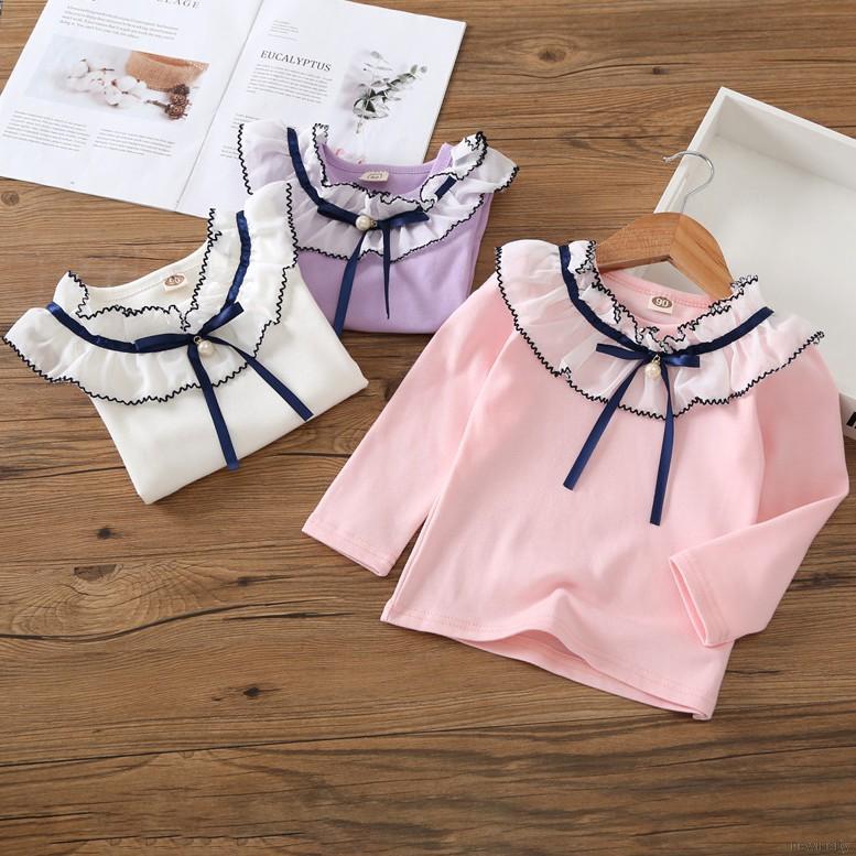 Áo cotton dài tay thắt nơ xinh xắn cho bé gái