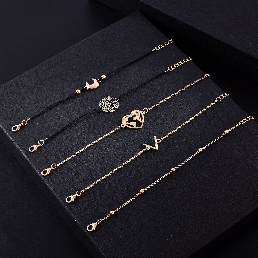 Bộ 5 vòng tay chuỗi hạt mặt trăng và trái tim phong cách Boho thời trang cho nữ