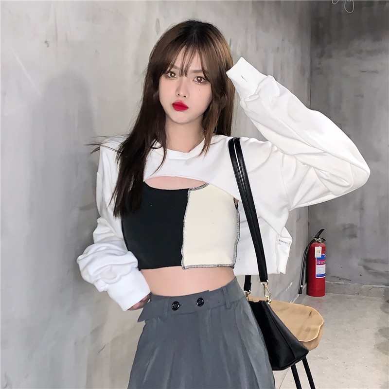 Sét bộ nữ công sở 2 món áo croptop 🍄 Bộ Áo Croptop Nữ Dài Tay Phối Màu Set Crt Nữ 2 Màu