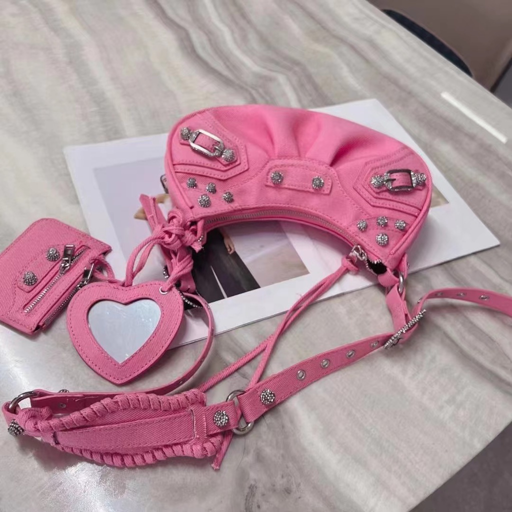 Túi Denim Hình Trái Tim Đính Kim Cương Lấp Lánh Siêu Sáng Bóng Cho Xe Máy