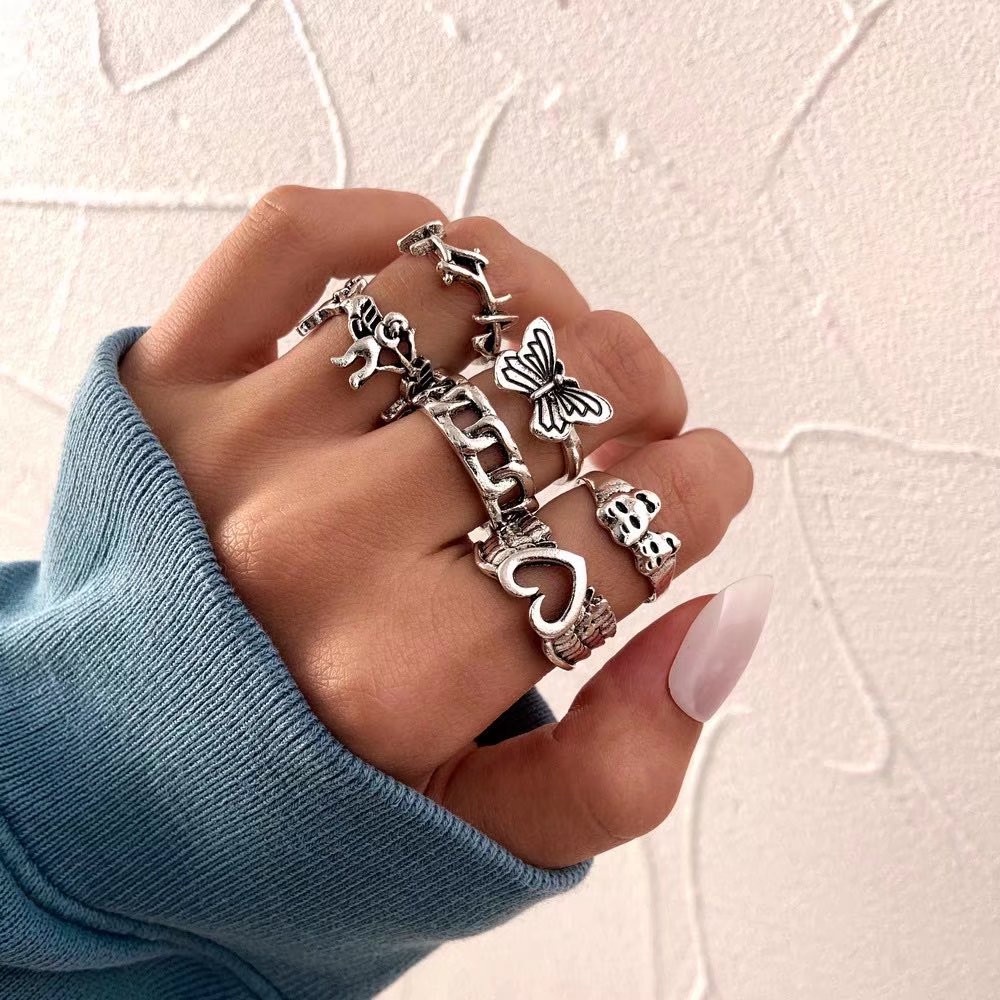 6pcs/set Nepalese Ring Retro Joint Ring Creative Heart Butterfly Ancient Silver Joint Ring Fashion Accessories Jewelry