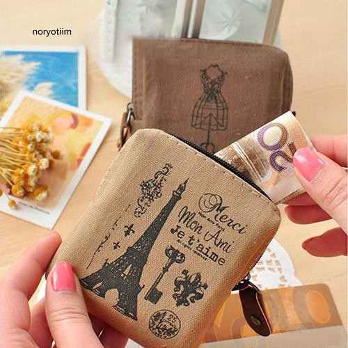 Ví đựng tiền bằng vải lanh in hình tháp Eiffel vintage cho nữ