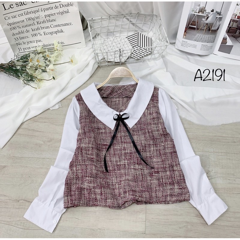 Áo dạ bố cổ sen phối sơmi