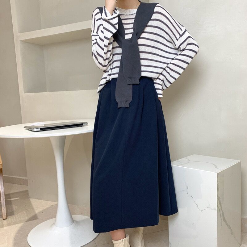 Set áo sweater SUXI dệt kim tay dài dáng rộng họa tiết kẻ sọc có khăn choàng cổ phong cách Hàn Quốc thời trang