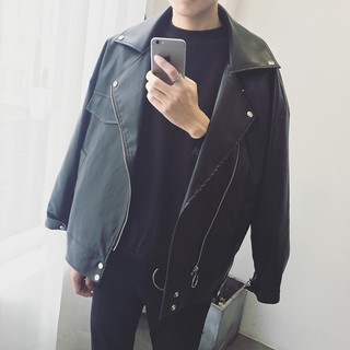 (ORDER) Áo jacket da đen khoá tròn form rộng