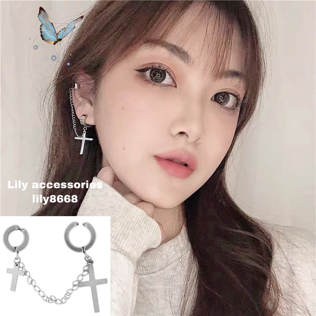 Cross Ear Cuffkẹp kẹp tai titan thánh giá nam nữ không cần xỏ lỗ không gỉ không đen không dị ứng Unisex