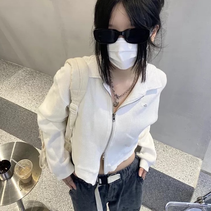 Áo Croptop Dệt Kim Tay Dài Cổ Polo Phong Cách Cá Tính Thời Trang Becky