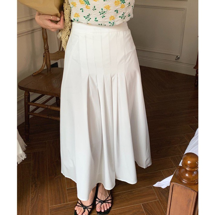Set Áo Tay Phồng Cổ Tròn Màu Trơn + Chân Váy Dài Lưng Cao Xếp Ly Phong Cách Hàn Quốc Mới 44050