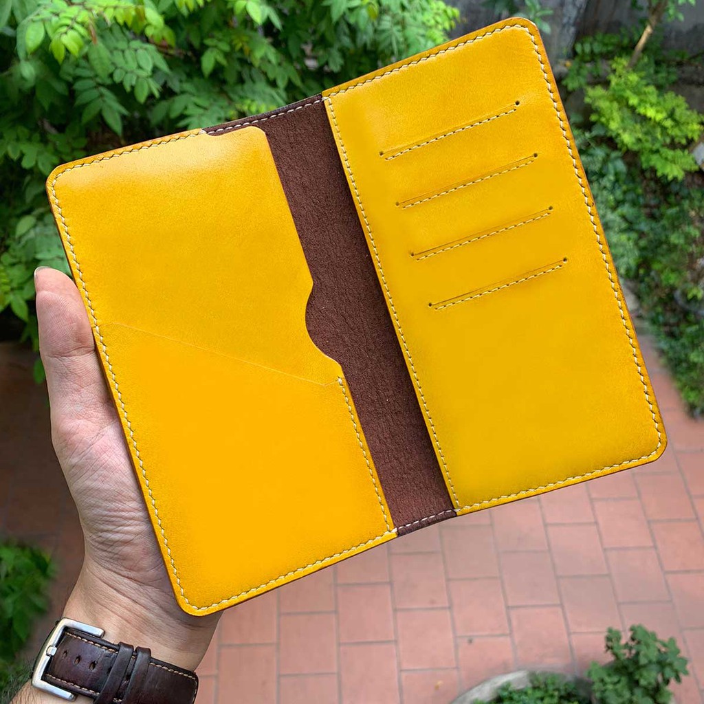 Ví nữ cầm tay màu Vàng chất liệu da thật - Ví da thủ công handmade - Đồ da thật theo yêu cầu Minocrafts