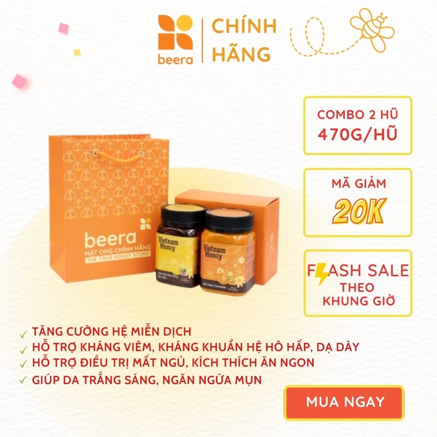 Bộ đôi mật ong Hoa rừng &amp; Curcumin Vietnamhoney Beera giúp ăn ngon, tiêu hóa tốt(2 lọ x 470g)