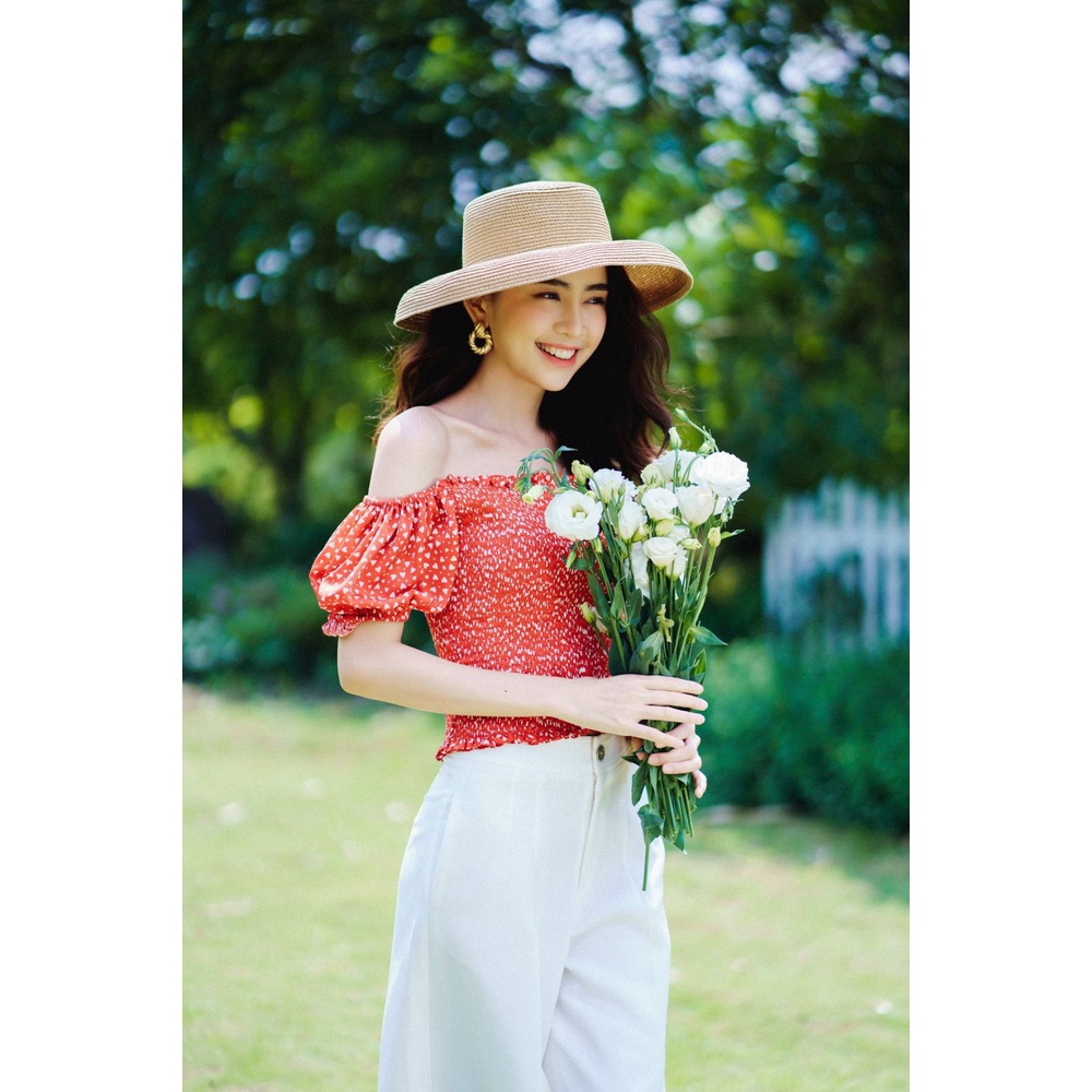 Áo sơ mi lụa đỏ tim trễ vai online exclusives NS2106189TSWORE