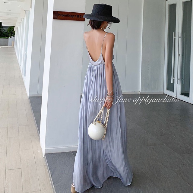 JANE’S sẵn Đầm maxi hở lưng xoè bồng bềnh hai dây quyến rũ SATIN ( kèm ảnh khách) J0248